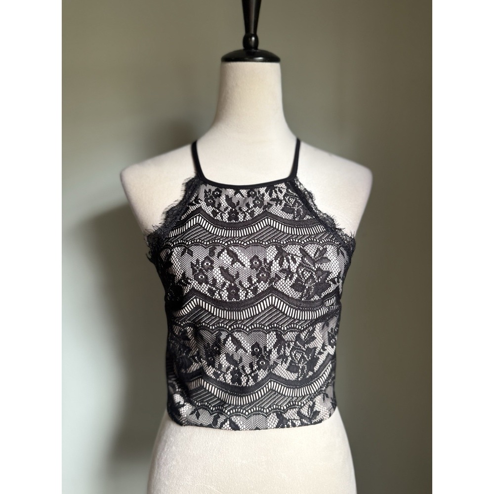 Whimsigoth Goth Boho Y2K Lace Romantic Crop Tank Black Nude Small dainty